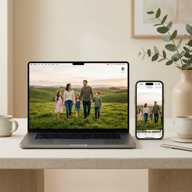 Universal access showing how to add a person to a photo on iPhone and Desktop